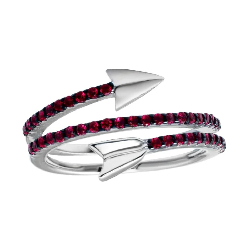 Ladies rings matte gem rings-Rhodium Plated 925 Sterling Silver Wrap Arrow Red CZ Ring - BGR01189RED