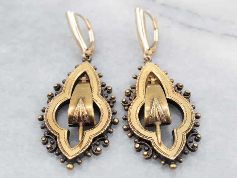 Ladies earrings commitment charm styles-Etruscan Revival Gold Drop Earrings