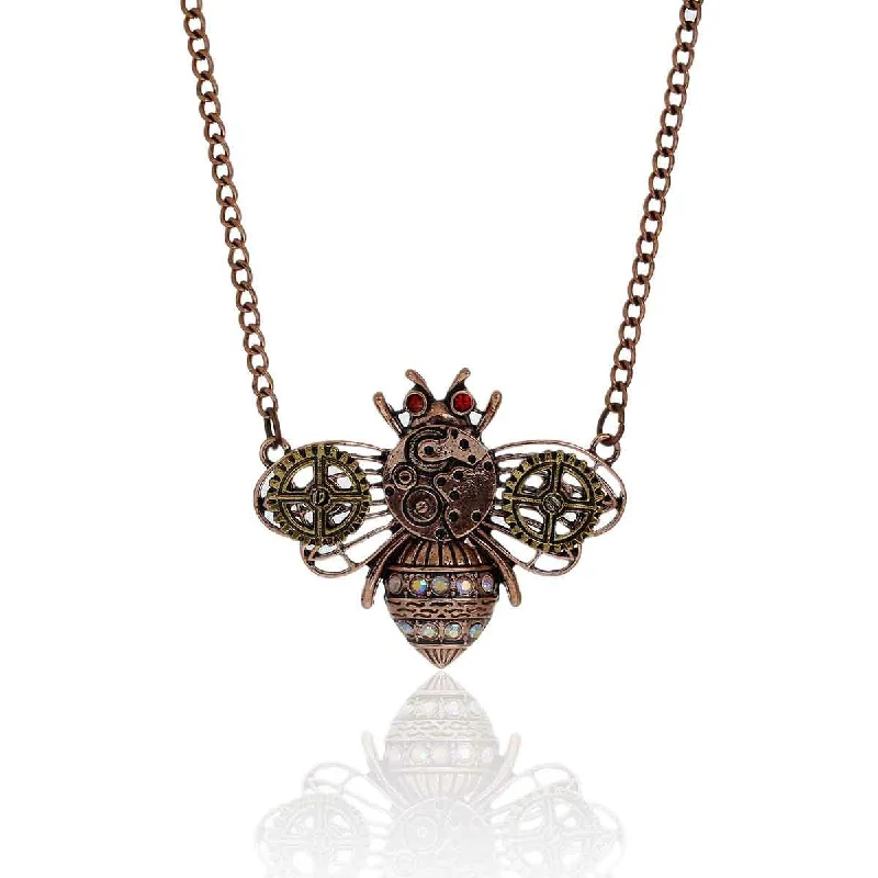 ladies necklace luxury brands-SEXY SPARKLES Steampunk Necklace Link Curb Chain Antique Copper Bees Gear Connector With Multicolor Rhinestone