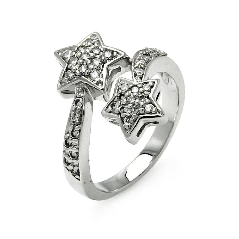 Ladies rings natural stone designs-Silver 925 Rhodium Plated Double CZ Star Ring - STR00055