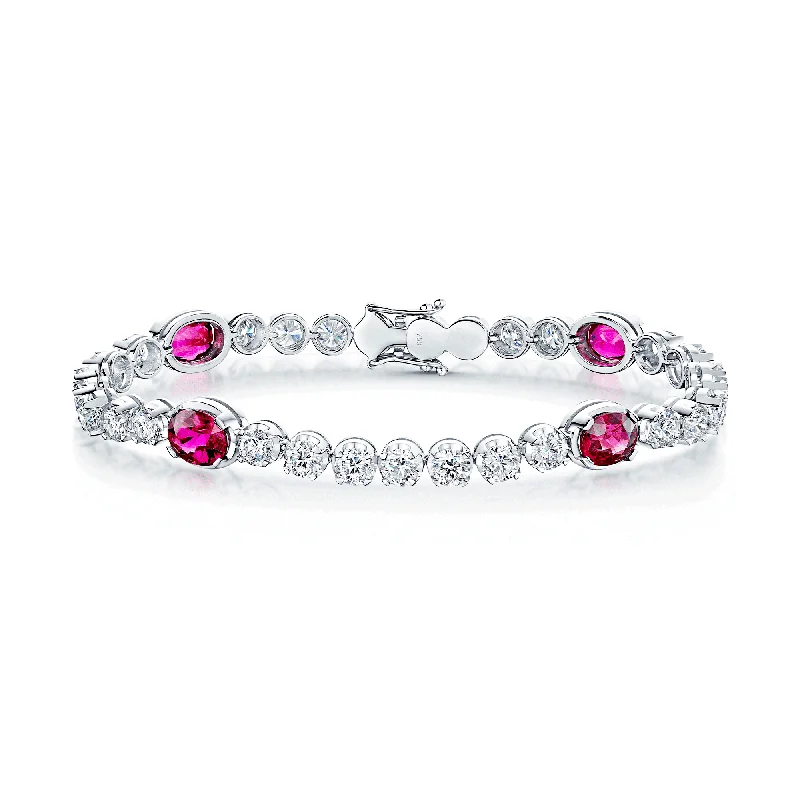 ladies bracelet feather gold-18ct White Gold Claw Set Oval Ruby & Round Brilliant Cut Diamond Tennis Bracelet