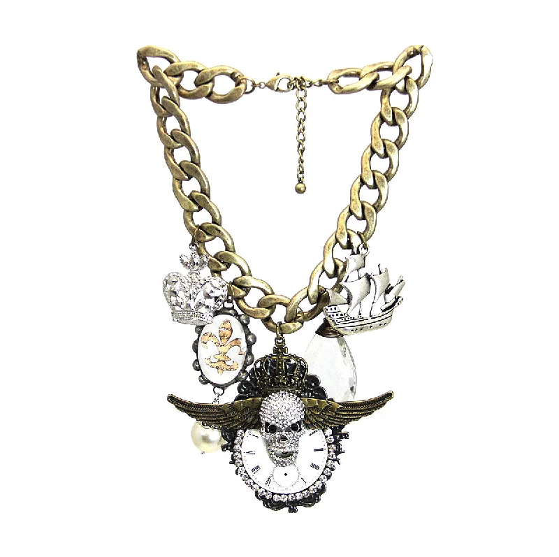 ladies necklace curved-Amy Labbe Mardi Gras Necklace-Skull Crown Ship