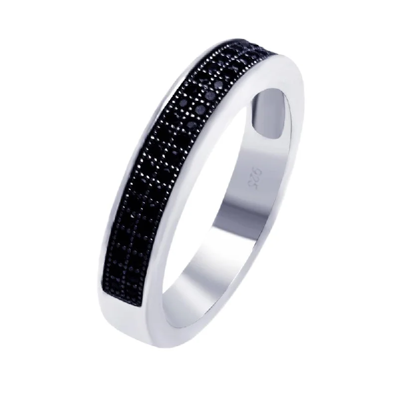 Ladies rings flexible band rings-Silver 925 Rhodium Plated Half Micro Pave Black CZ Ring - ACR00052