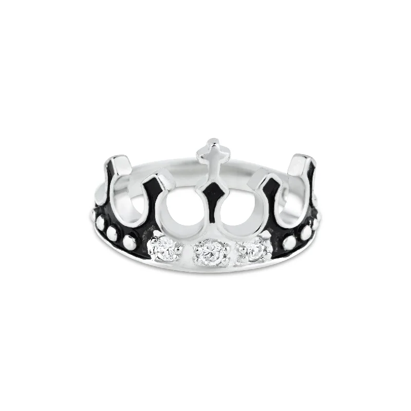 Ladies rings rococo elegance rings-Silver 925 Rhodium Plated Black Enamel CZ Crown Ring - BGR00036