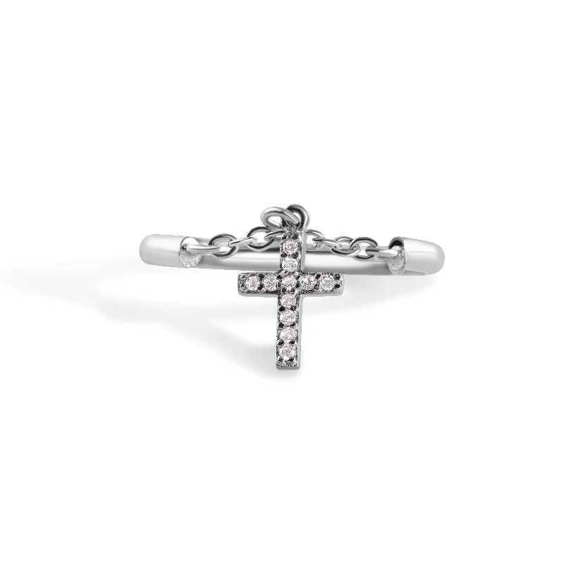 Ladies rings etched pattern styles-925 Sterling Silver Nickel Free Rhodium Plated Half Ring Chain Dangling Cross Clear CZ Ring - STR01015