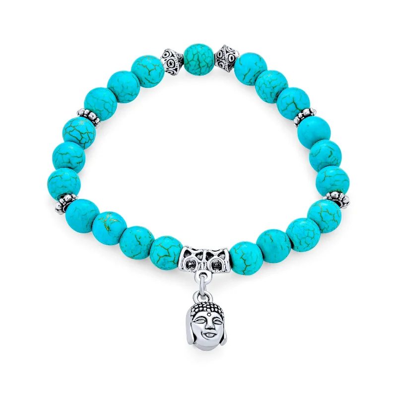 ladies bracelet bar silver-Bali Buddha Blue Turquoise Stretch Bracelet with Spiritual Gemstone Charm