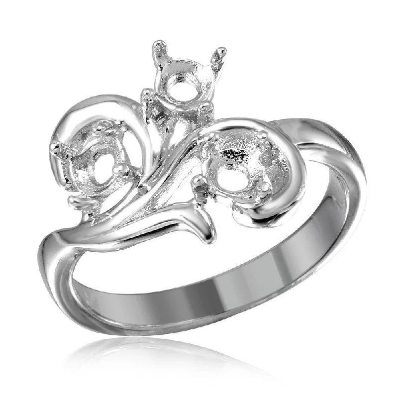 Ladies rings standout unique styles-Silver 925 Rhodium Plated Vine Design 3 Stones Mounting Ring - BGR01207